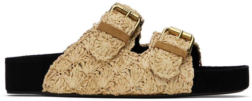 Nega čevljev ISABEL MARANT Isabel Marant Lennyo Raffia Double Buckle Slides Črna | 24PSD0118FA-B1B14S