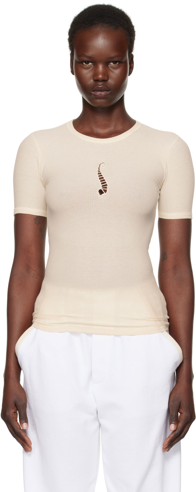 Majica Baserange Baserange Tower Cutout Ribbed T-Shirt Bež | TOTWS-RB-SP25