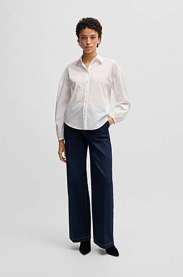 Srajce BOSS Regular-Fit Cotton Poplin Blouse with Point Collar Bela | 50538846, 1