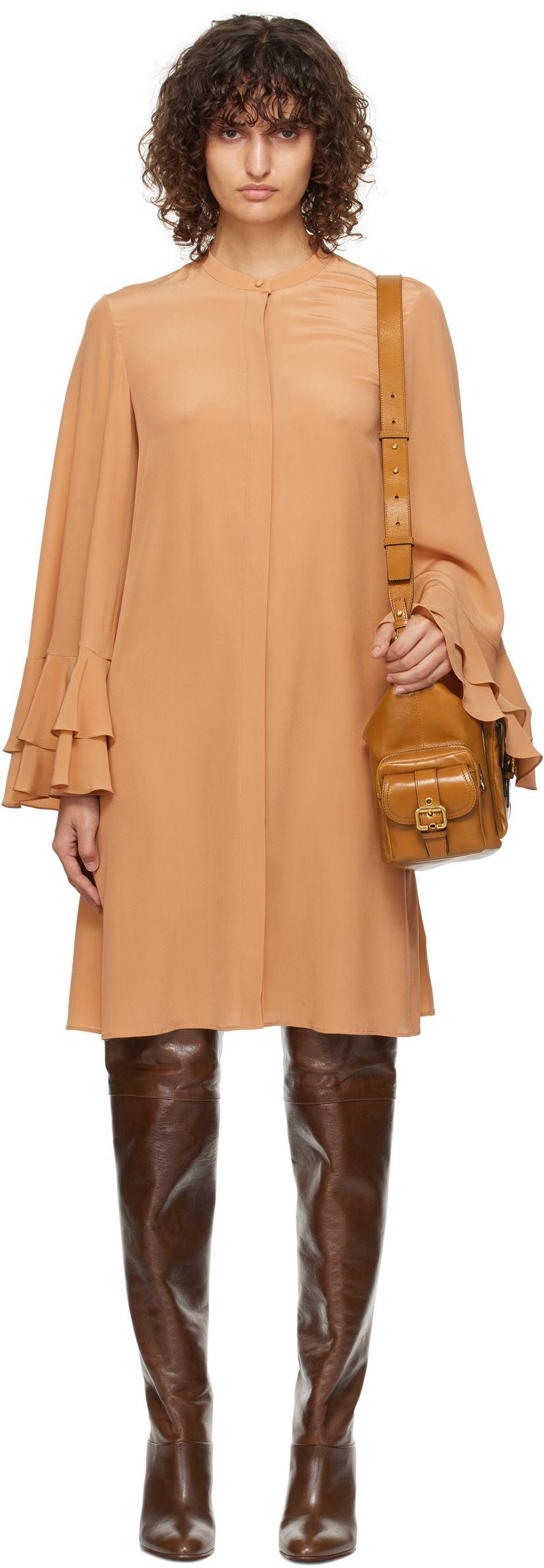 Obleke CHLOÉ Tiered Sleeve Mini Dress Oranžna | CH24WRO39125
