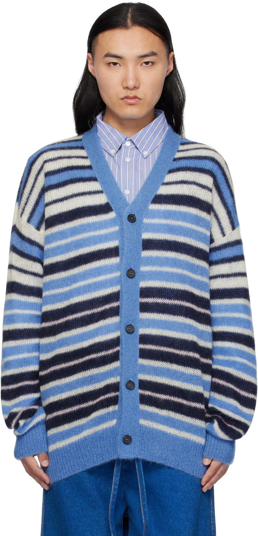 Pleteni pulover Marni Marni Lightweight Fuzzy Wuzzy Stripe Cardigan Modra | CDMG0153Q0 UFU178
