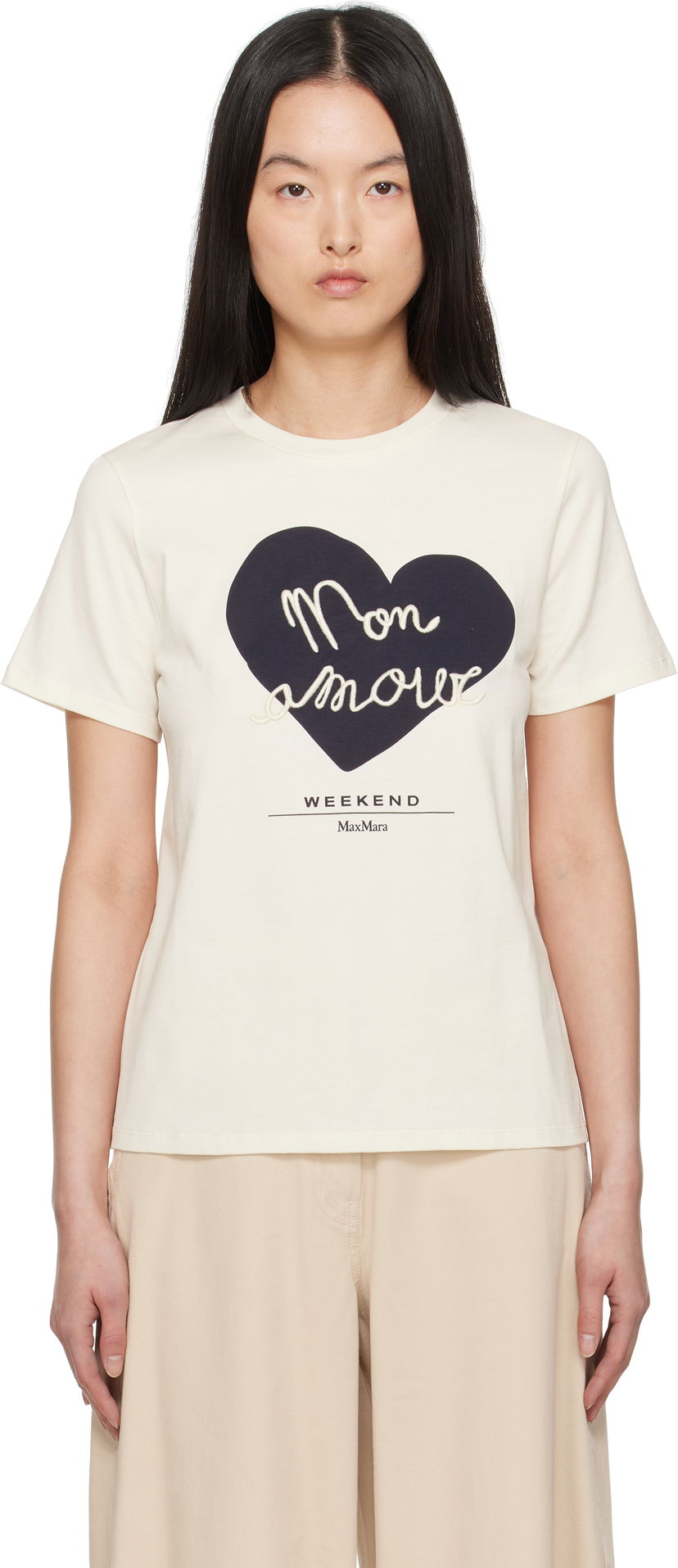 Majica Max Mara Weekend Max Mara Vello T-Shirt with Heart Applique Bež | 2515971051600