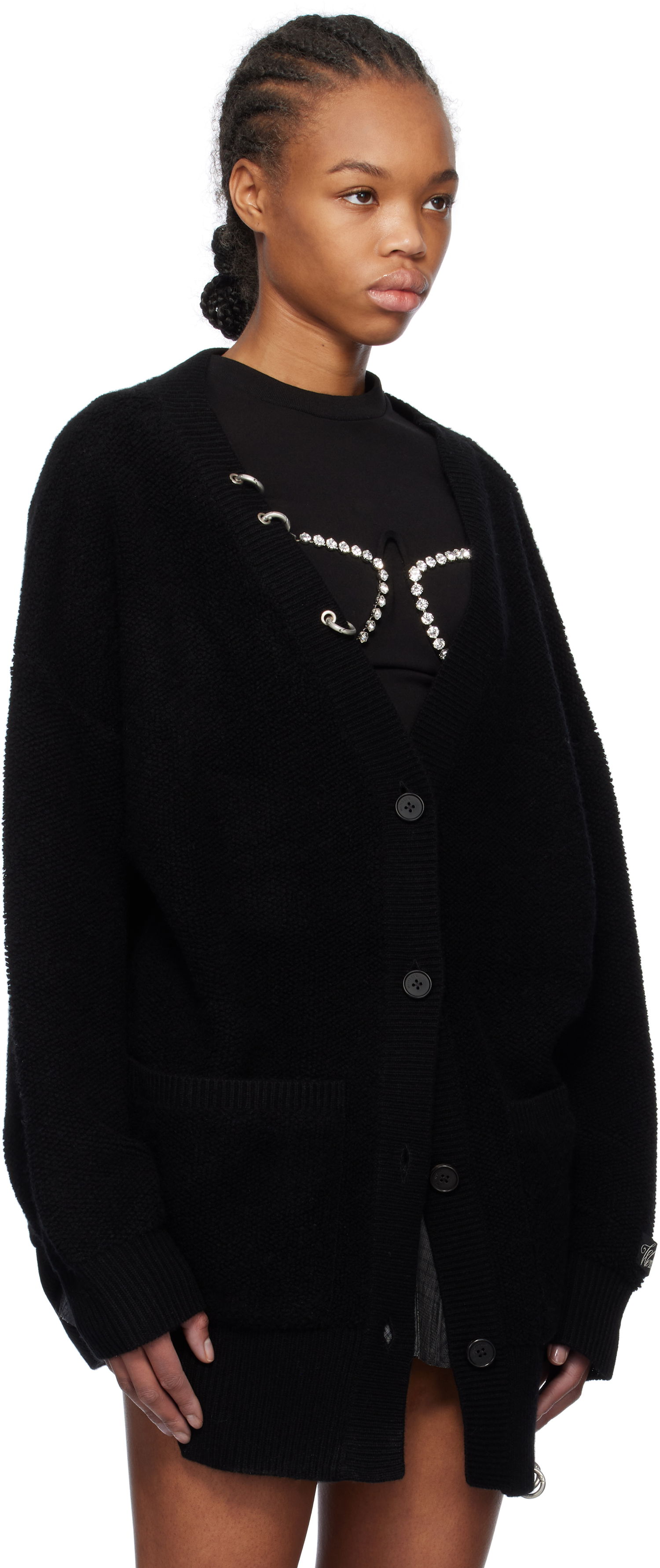 Pleteni pulover We11done We11done Pierced Oversized Cashmere Cardigan Črna | WD-KC0-25-673-W-BK, 1