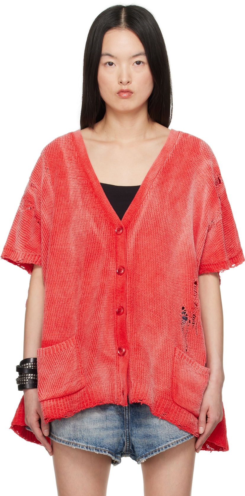 Pleteni pulover R13 R13 Distressed Boxy Cardigan Rdeča | R13WY285-Y202B