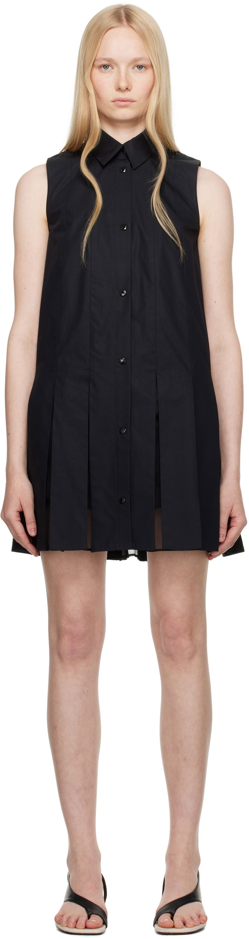 Obleke Moncler Moncler Cotton & Silk Pleated Shirt Dress Črna | K10932G00011597LQ