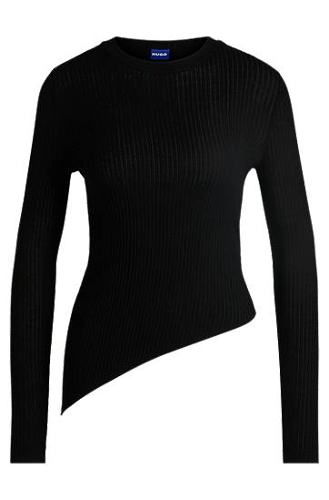 Pleteni pulover BOSS HUGO Sheer-Ribbing Asymmetrical Hem Sweater Črna | 50532240