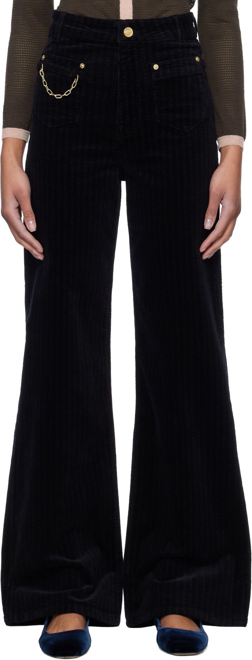 Hlače GANNI GANNI Magny Corduroy Flare Pants Črna | W0160
