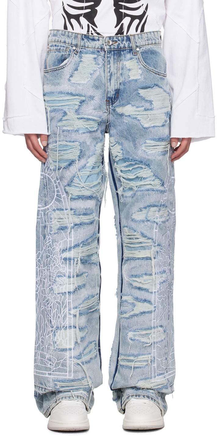Kavbojke Who Decides War Distressed Embroidered Straight-Leg Jeans Modra | 1120650008SS24