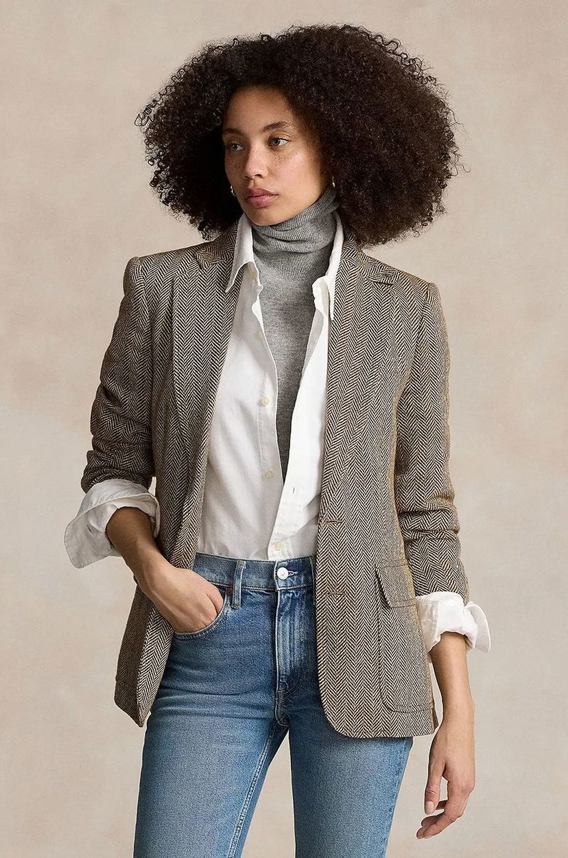 Plašči Polo by Ralph Lauren Wool Blend Herringbone Blazer Siva | 211891070