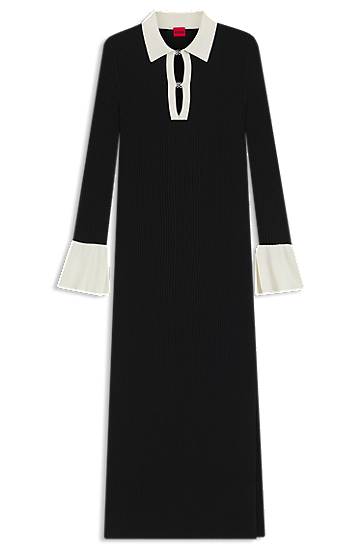 Obleke BOSS Ribbed Knit Polo Keyhole Dress Črna | 50542620