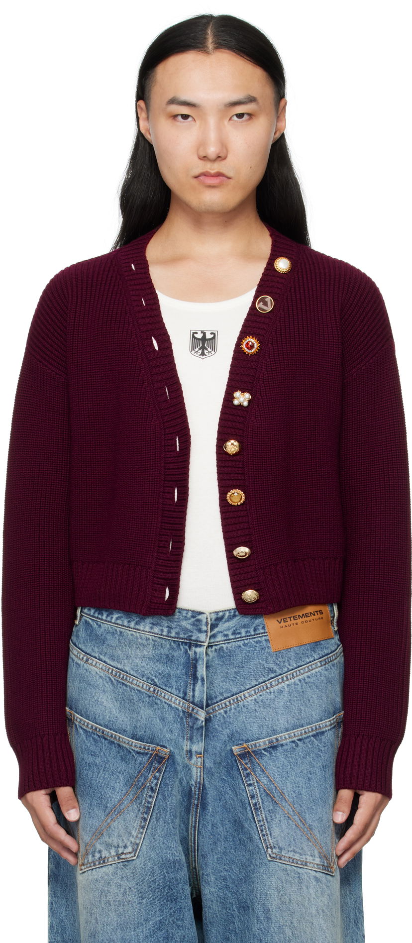 Pleteni pulover VETEMENTS VETEMENTS Fancy Button Cropped Cardigan Bordo | WH76KN220X