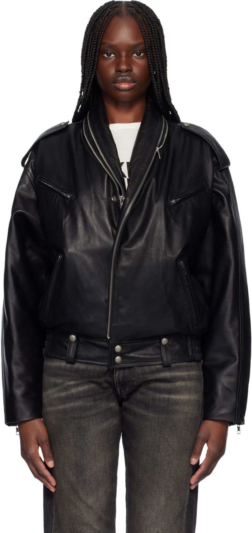 Bomber jakna R13 R13 Zip Collar Motorcycle Leather Jacket Črna | R13WR344-R450B