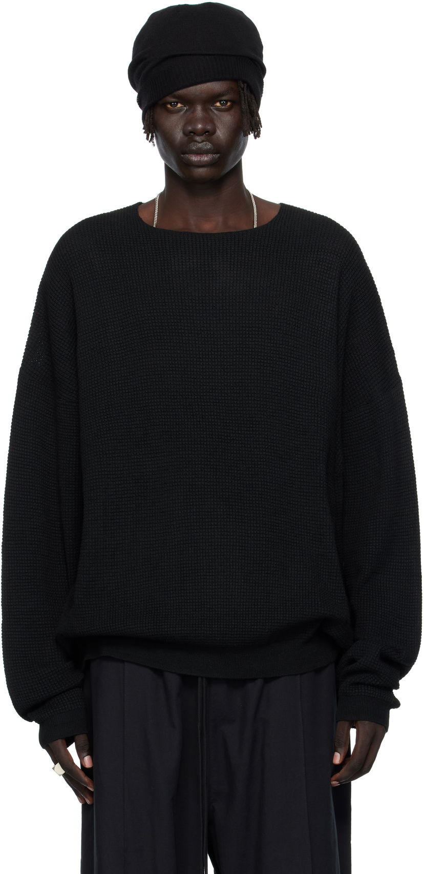 Pleteni pulover Fear of God Fear of God ESSENTIALS Waffle Knit Long Sleeve Crewneck Sweatshirt Črna | 192SP256160F