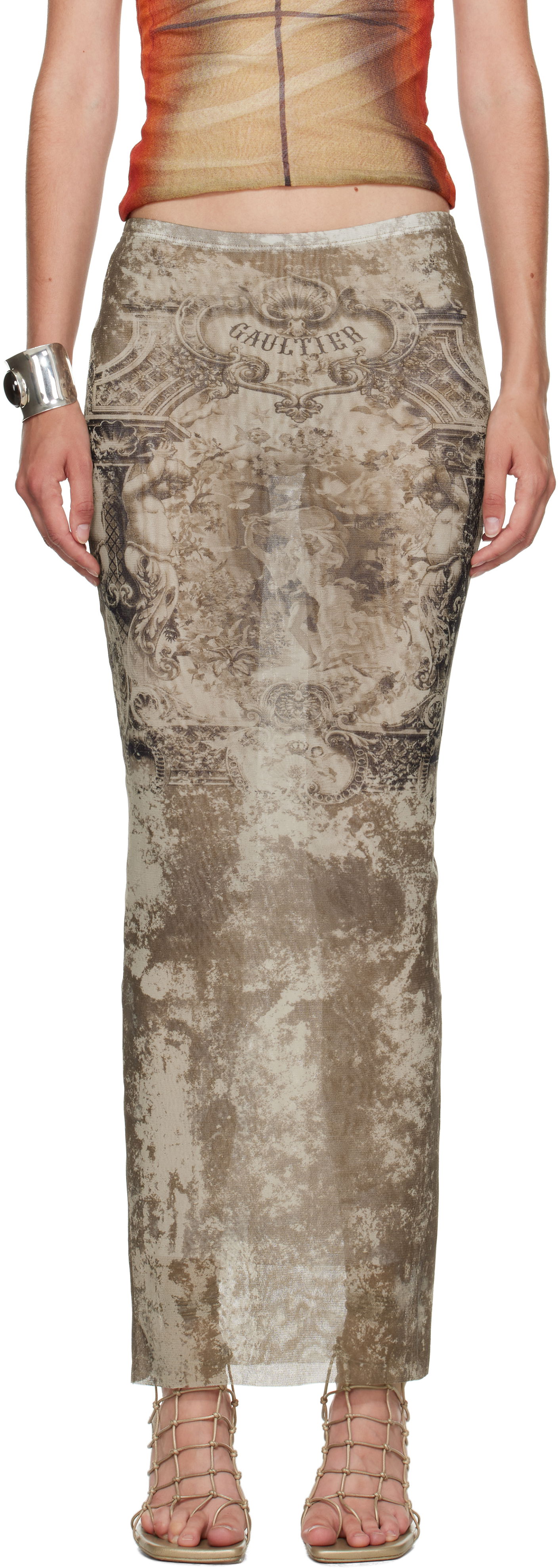 Krila Jean Paul Gaultier Jean Paul Gaultier Long Medailon Print Mesh Midi Skirt Bež | 25/03-W-SK005-M006P-6965, 0