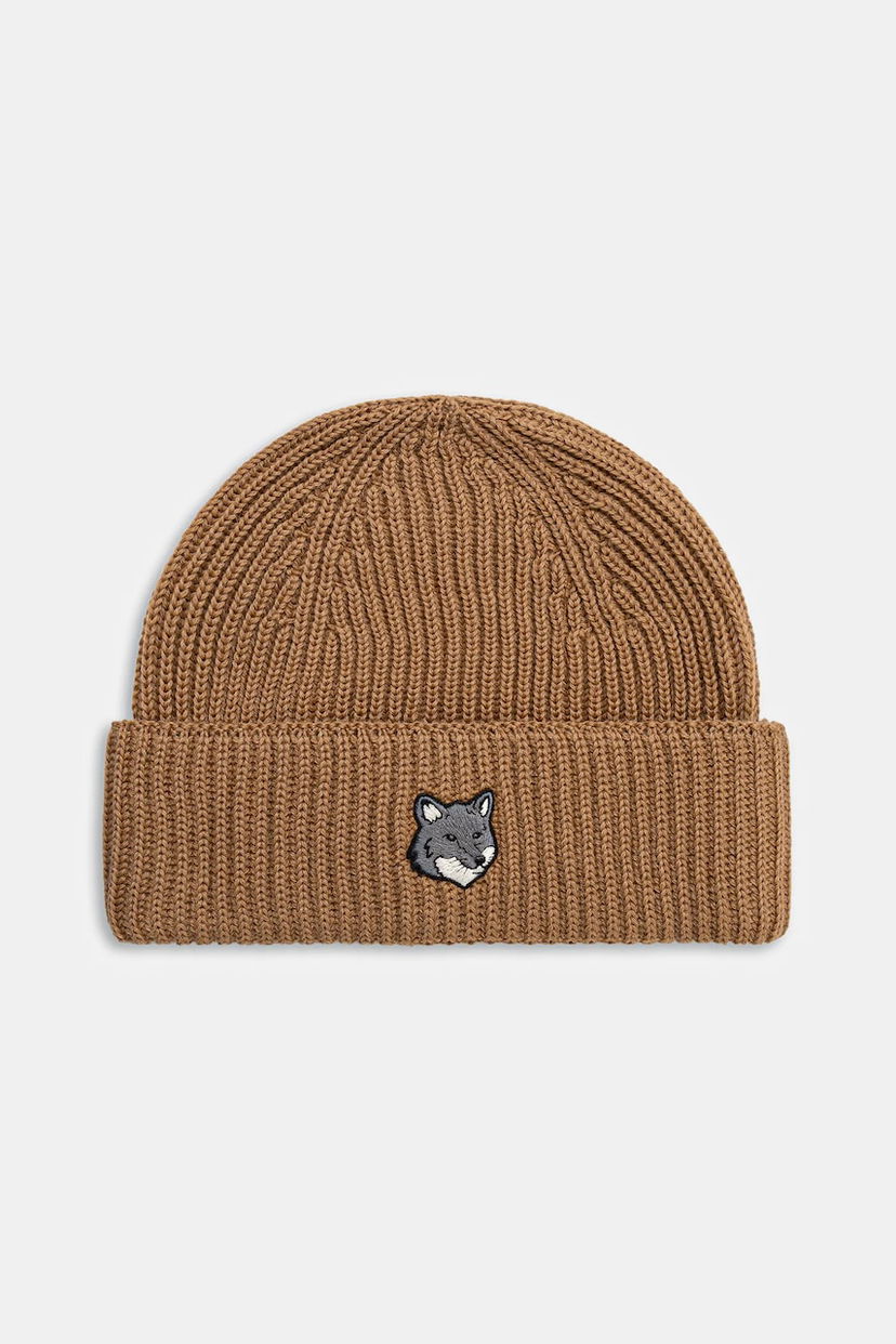 Beanie MAISON KITSUNÉ Ribbed Knit Fox Head Large Beanie Rjava | PM06112KT1022