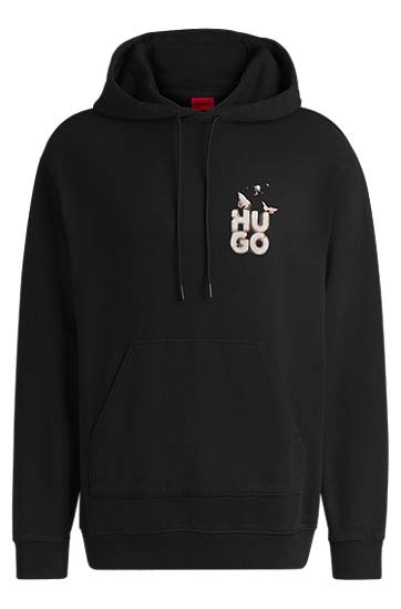Pulover BOSS Relaxed-fit Hoodie with Seasonal Artwork Črna | 50534047