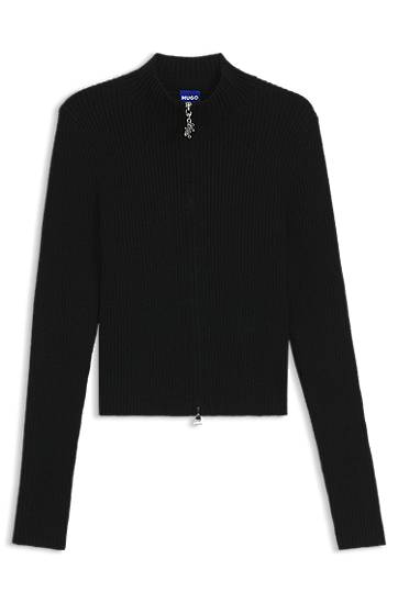 Pleteni pulover BOSS Ribbed cardigan with logo-puller zip Črna | 50548140