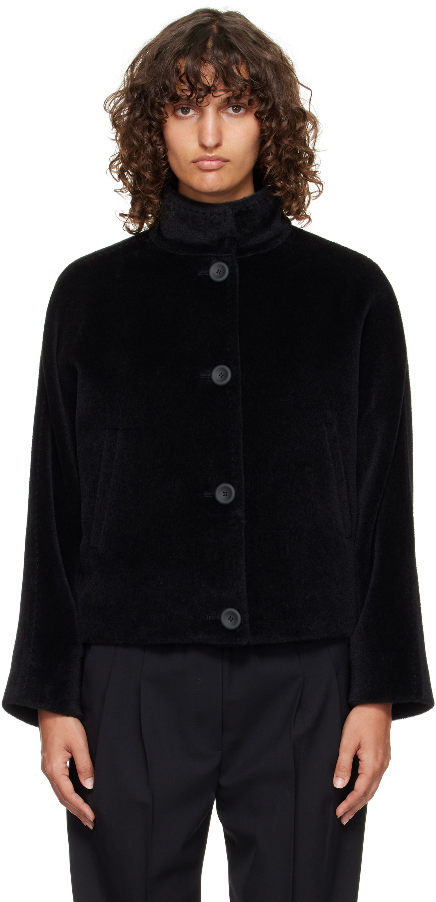 Jakna Max Mara Caladio Cropped Textured High Neck Button-Up Jacket Črna | 2526086091600, 0