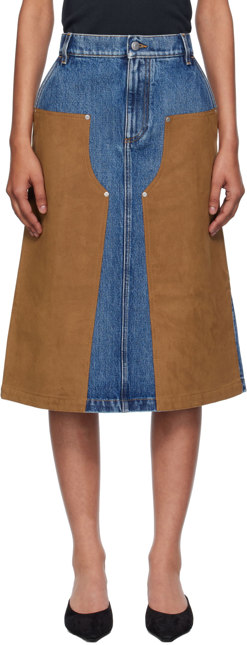 Krila Stella McCartney Stella McCartney Mixed Denim & Faux-Suede Midi Skirt Modra | 6D04043SQH25