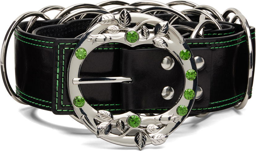 Pasovi Chopova Lowena Leather Ring Belt with Green Crystal Leaf Buckle and Contrast Stitching Črna | 6717