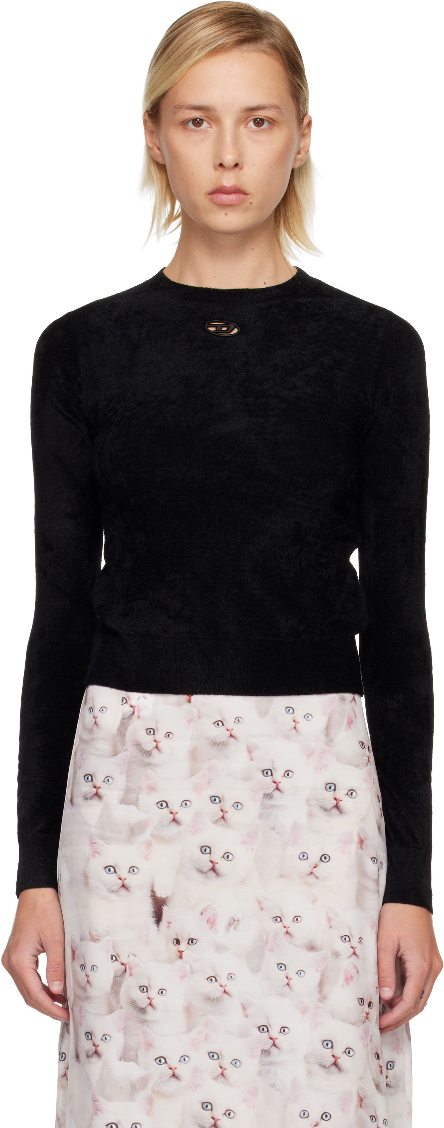 Pleteni pulover Diesel Textured Long-Sleeve Crewneck Cut-Out Detail Sweater Črna | A19484 0IKBZ, 0