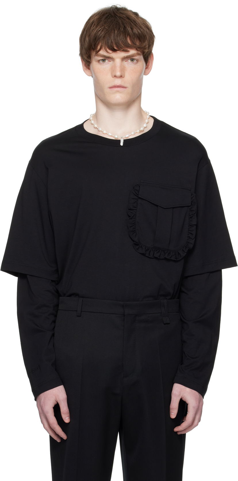 Majica Simone Rocha Simone Rocha Layered Ruffle Pocket Long Sleeve T-Shirt Črna | 5379 0553