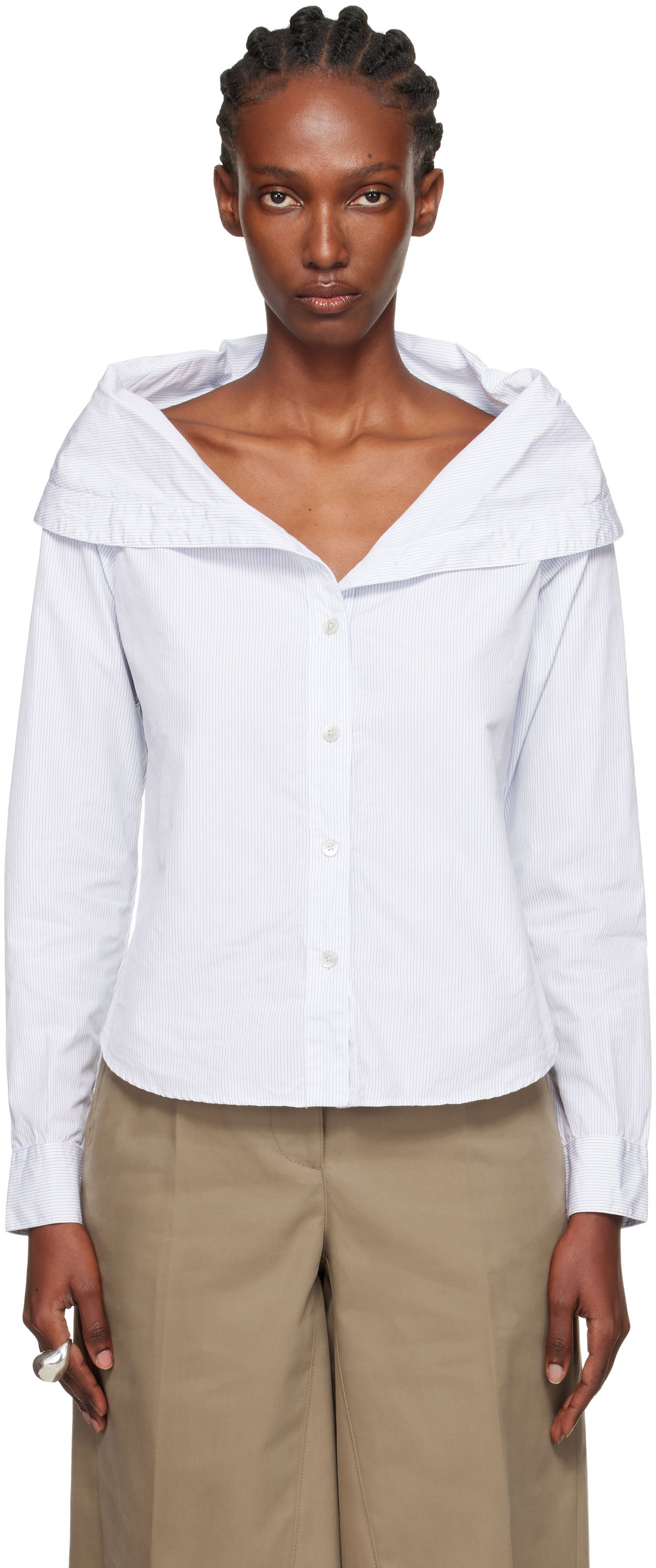 Srajce OUR LEGACY Kaonashi Pinstriped Long-Sleeve Off-Shoulder Button-Up Shirt Bela | W4252KD, 0