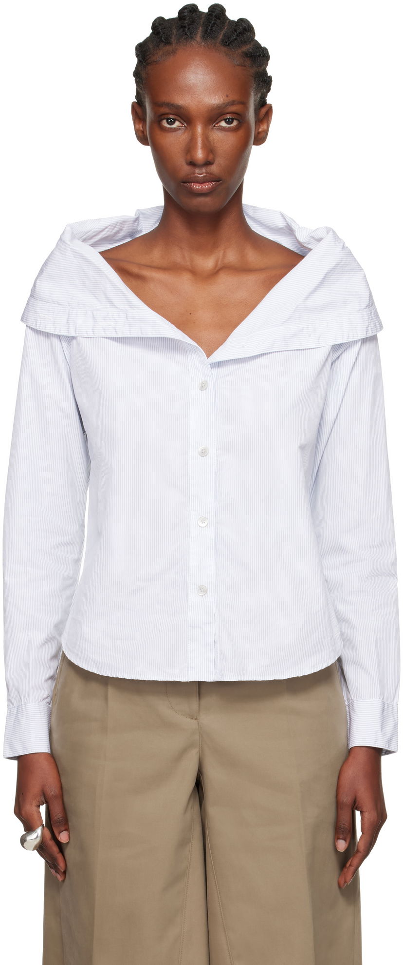 Srajce OUR LEGACY Kaonashi Pinstriped Long-Sleeve Off-Shoulder Button-Up Shirt Bela | W4252KD