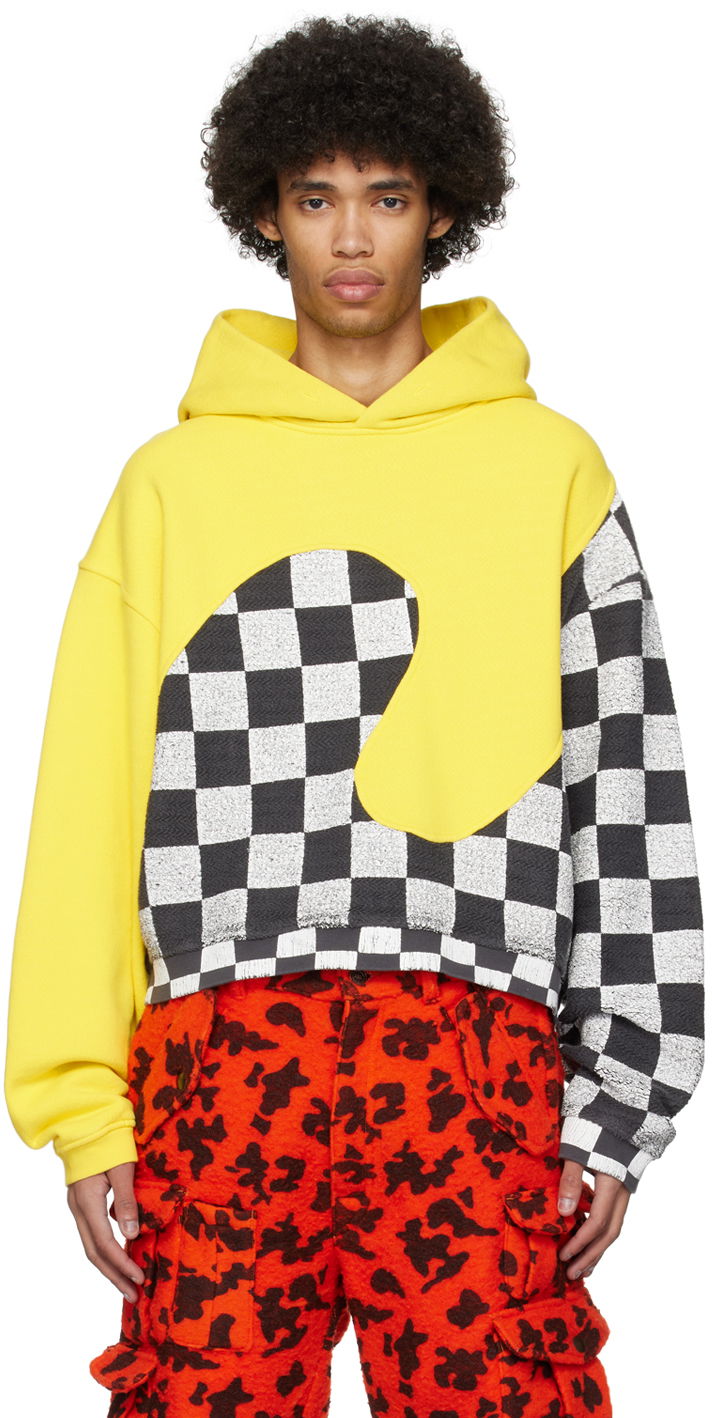 Pulover ERL Checkered Fleece Applique Hoodie Rumena | ERL08T022, 0