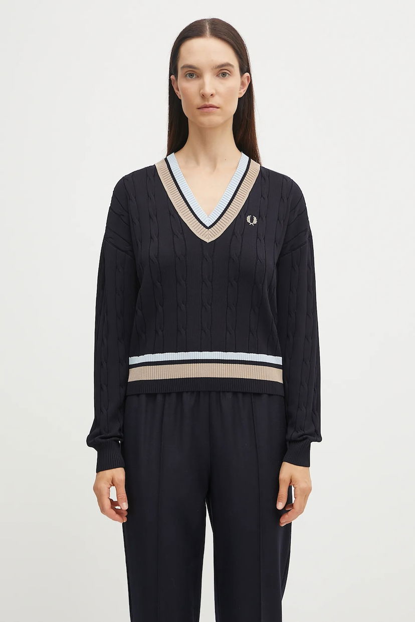 Pleteni pulover Fred Perry Fred Perry Cable Knit V-Neck Sweater Mornarica | K1102