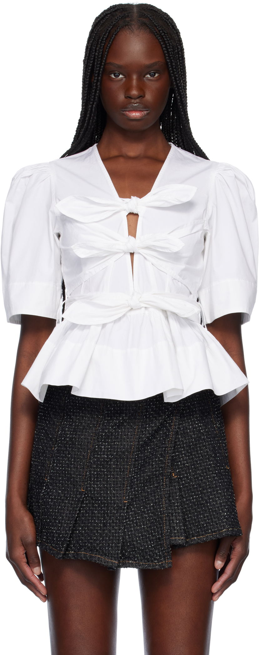 Srajce GANNI GANNI Stretch Cotton Tie Front Peplum Blouse Bela | W0309