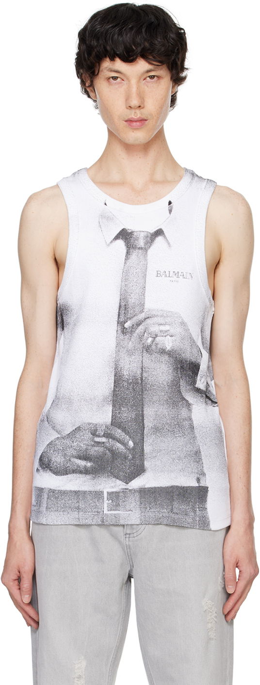 Majica brez rokavov Balmain Ribbed Tie Print Tank Top Bela | DH0EB007GE08