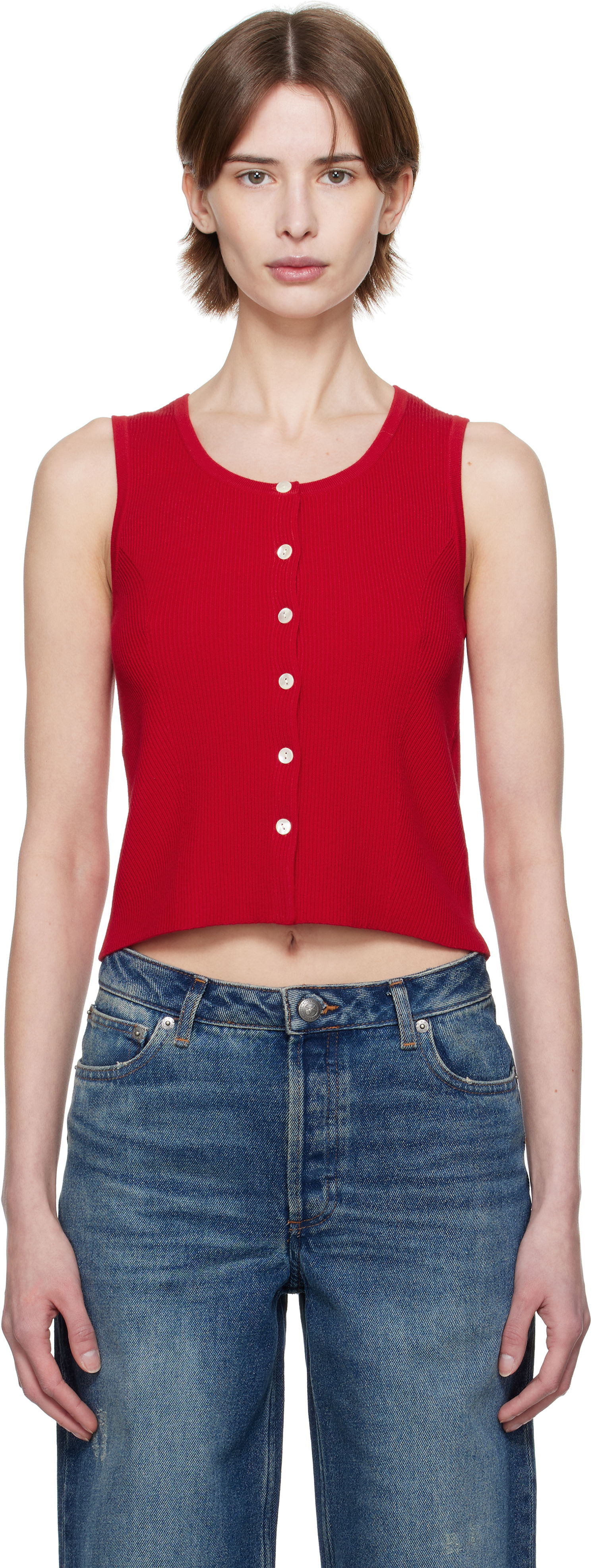 Majica brez rokavov A.P.C. A.P.C. Buttoned Cropped Tank Top Rdeča | VIALM-F23410, 0