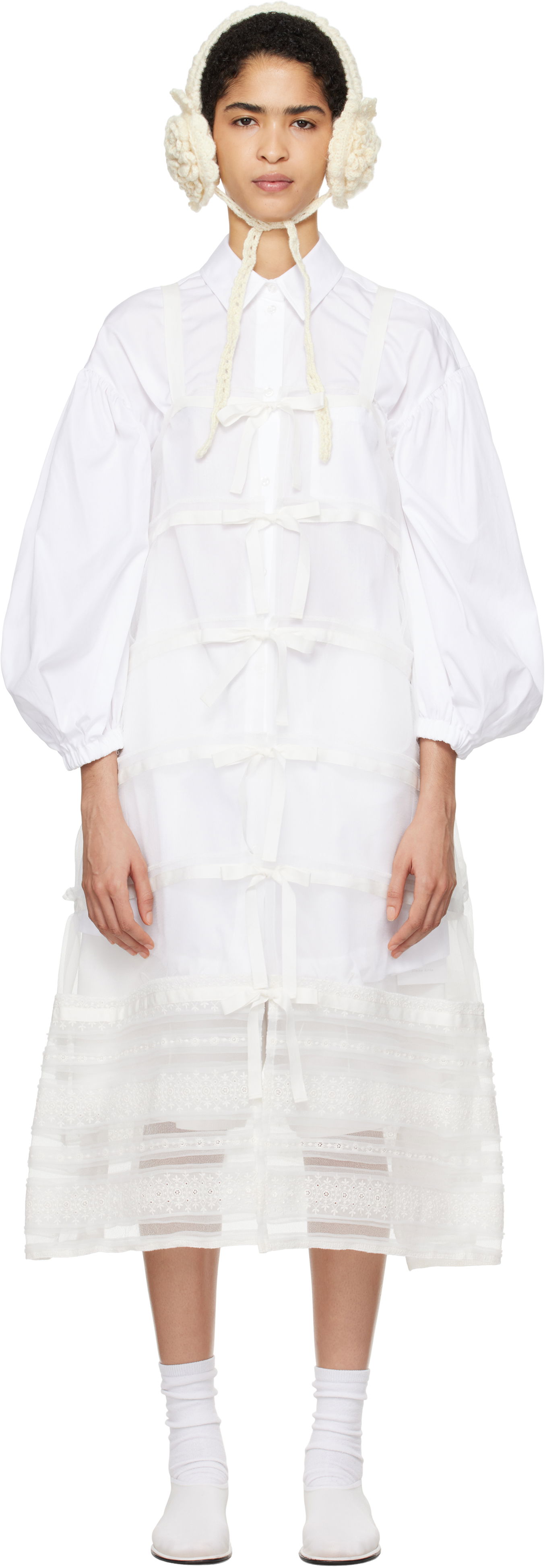 Obleke Comme des Garçons Comme Des Garçons Organdy Embroidered Midi Dress Bela | TN-A003-051, 0