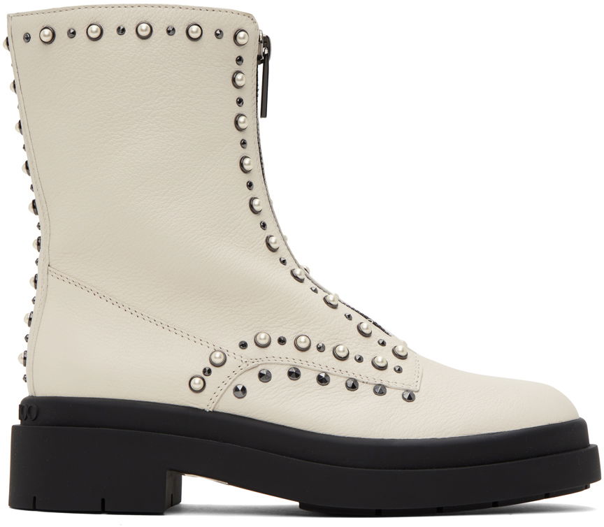 Oblačila Jimmy Choo Jimmy Choo Nola Pearl-Embellished Flat Boots Bež | NOLA FLAT, 0