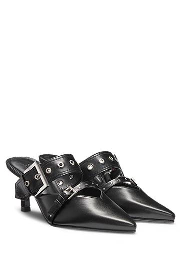 Modni dodatki BOSS Nappa Leather Mules with Buckled Straps Črna | 50536401