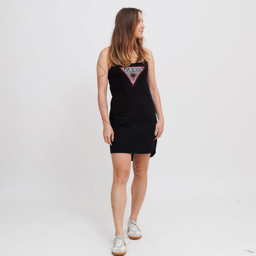 Obleke GUESS Guess Rhinestone Triangle Logo Tank Mini Dress Črna | E5GP01I3Z14-JBLK