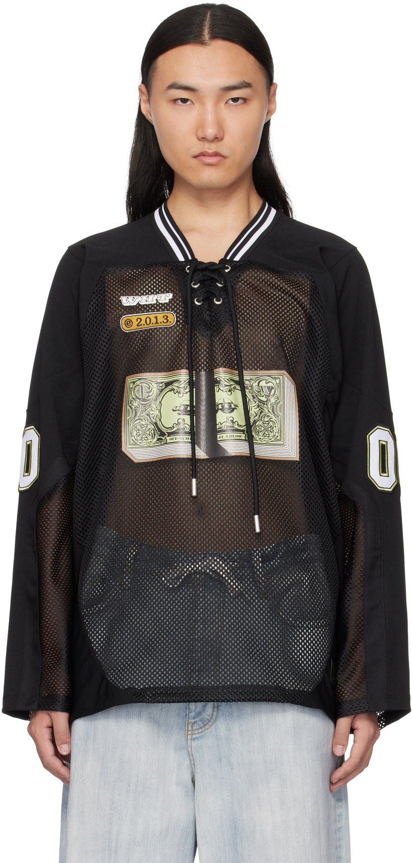 Dres Off-White Banknote Mesh Hockey Long Sleeve T-Shirt Črna | OMAD004S25JER0031014