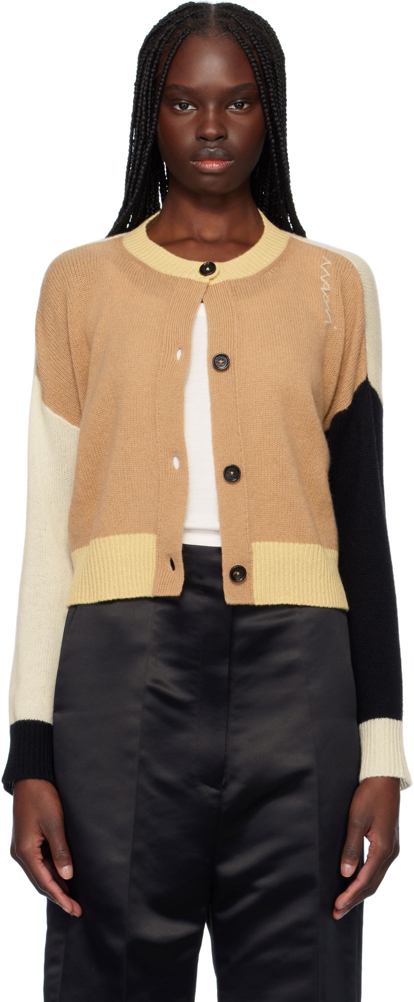 Pleteni pulover Marni Marni Crewneck Color-Block Cashmere Cardigan Bež | CDMD0393Q0 UFX385