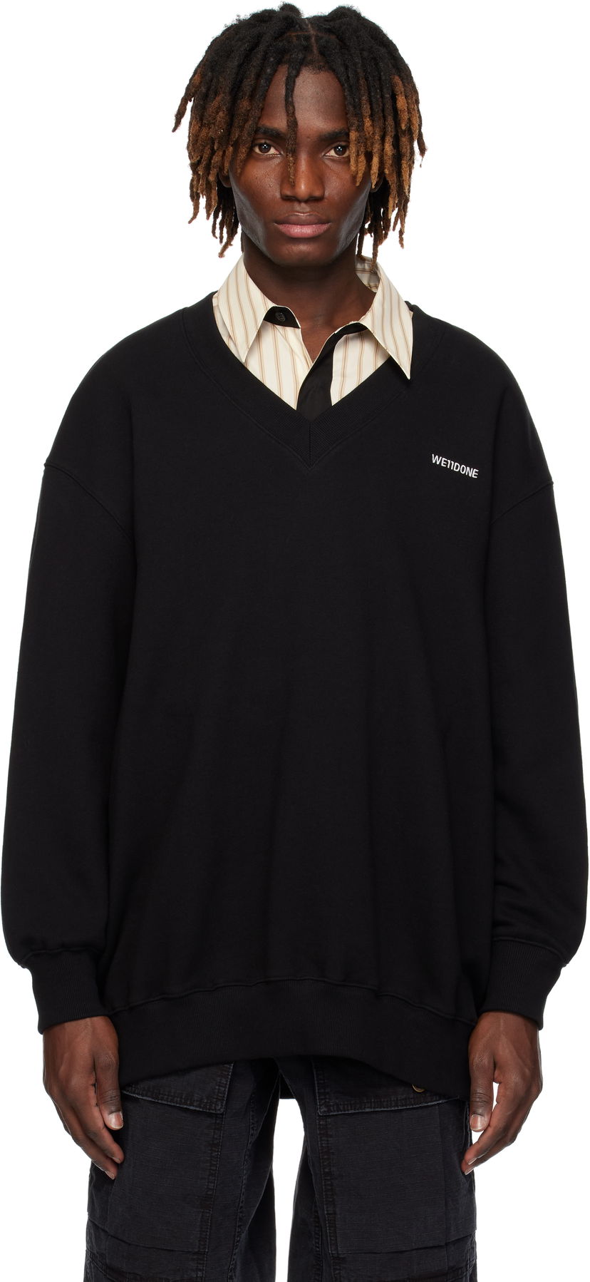 Pleteni pulover We11done We11done Oversized V-Neck Sweatshirt Črna | WD-TS0-25-773-U-BK