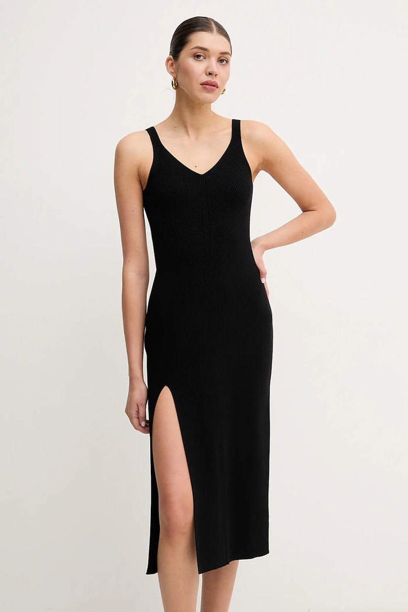 Obleke Lacoste Lacoste Midi Knit Dress with V-Neck and Slit Črna | EF9270