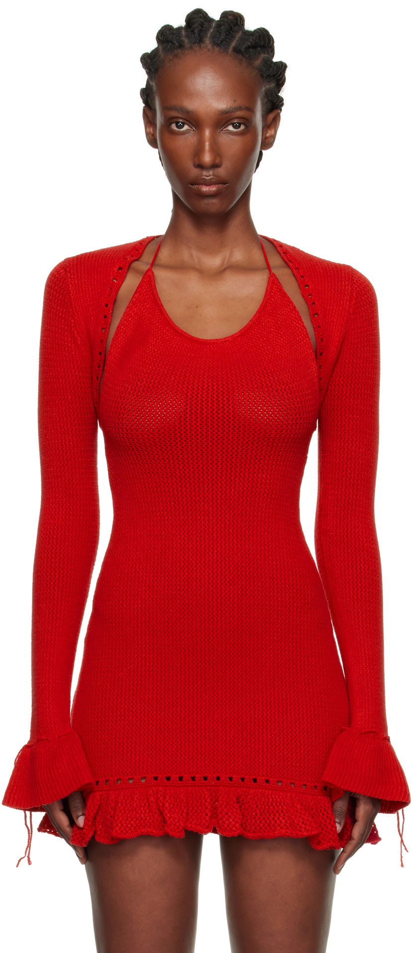 Pleteni pulover GUIZIO Guizio Crochet Ruffle Sleeve Bolero Cardigan Rdeča | P25705S019