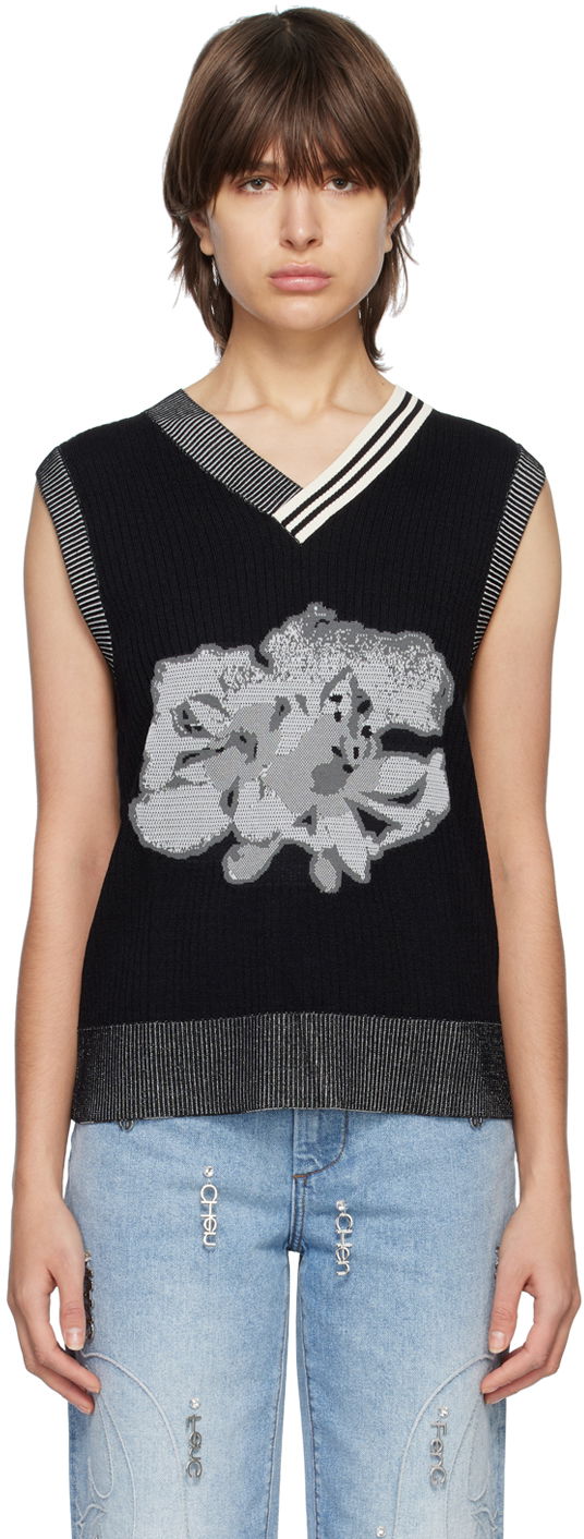 Pleteni pulover Feng Chen Wang Feng Chen Wang Floral Sleeveless Vest Črna | FUS15KT07