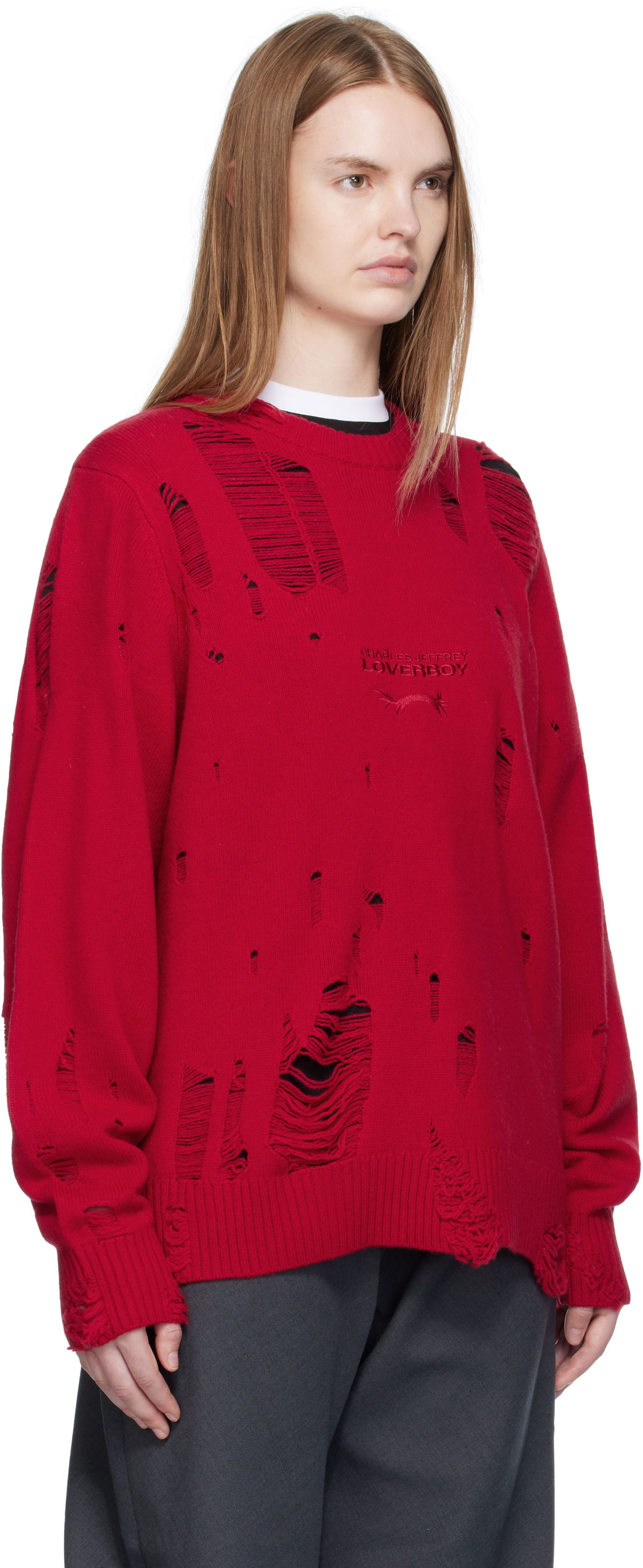 Pleteni pulover Charles Jeffrey Loverboy Charles Jeffrey LOVERBOY Distressed Logo Sweater Rdeča | 52090102, 1