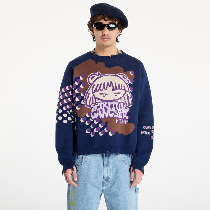 Pleteni pulover Footshop Spiritual Gangster Print Crewneck Modra | FTSHP_392