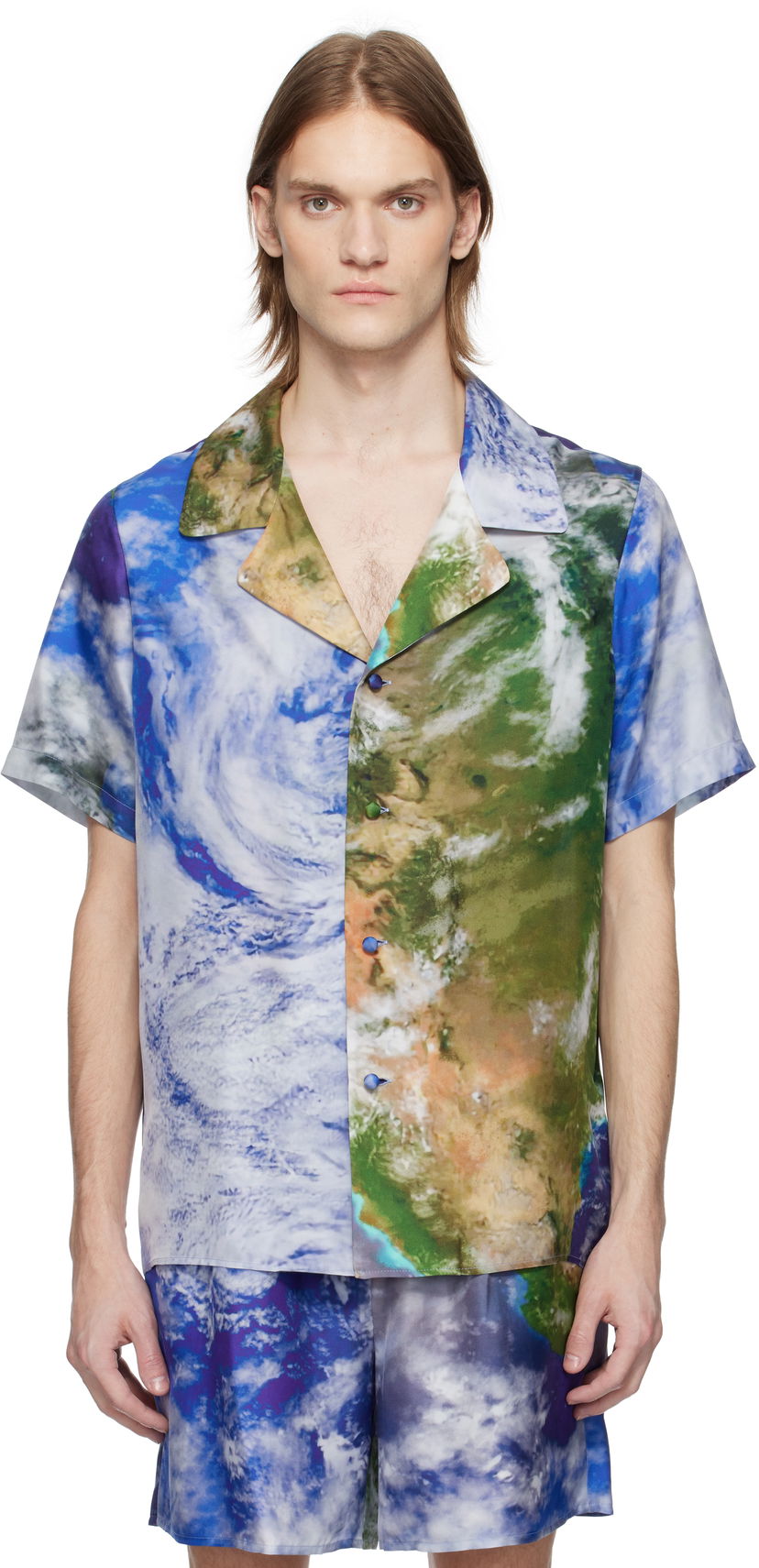Srajce Balmain Balmain Earth Print Silk Shirt Modra | EH0HN067SE89