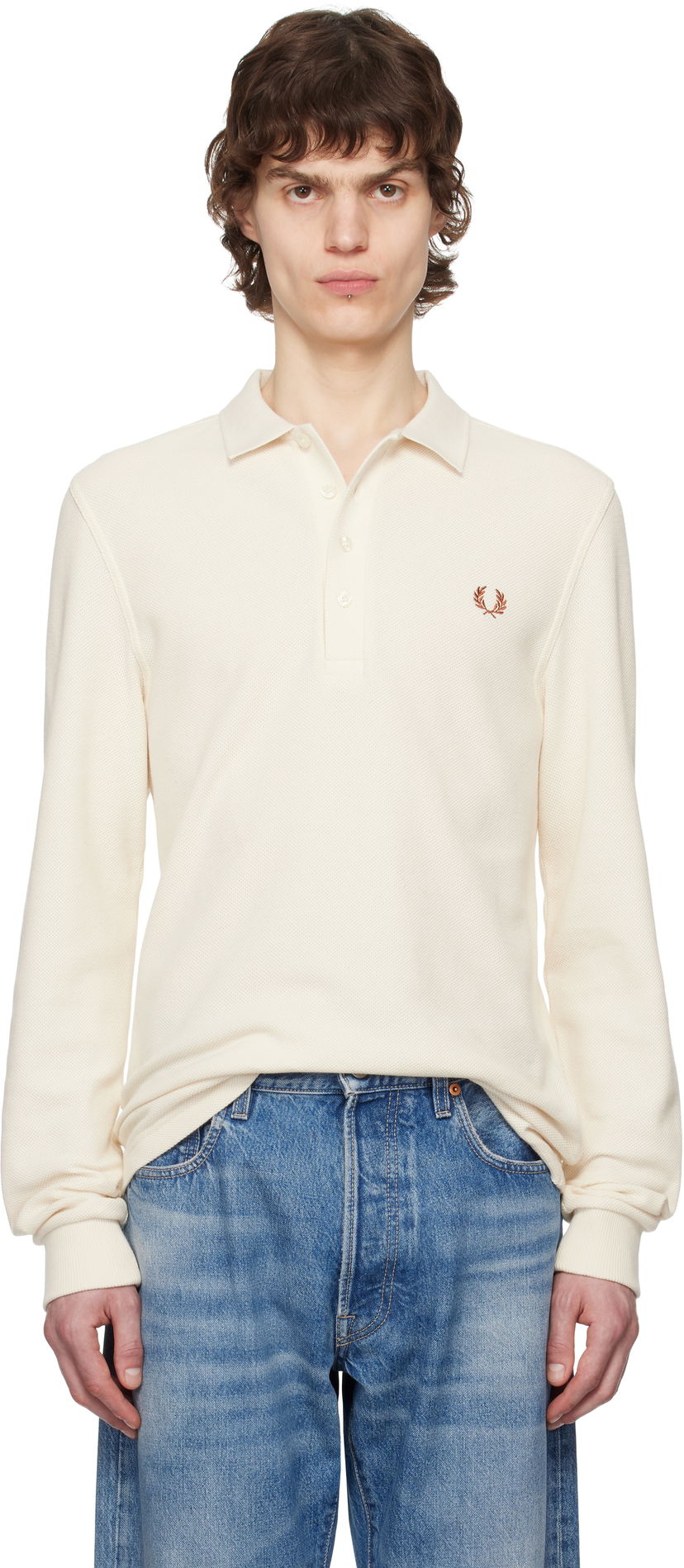 Polo majica Fred Perry Fred Perry Honeycomb Long-Sleeve Polo Bela | M8693