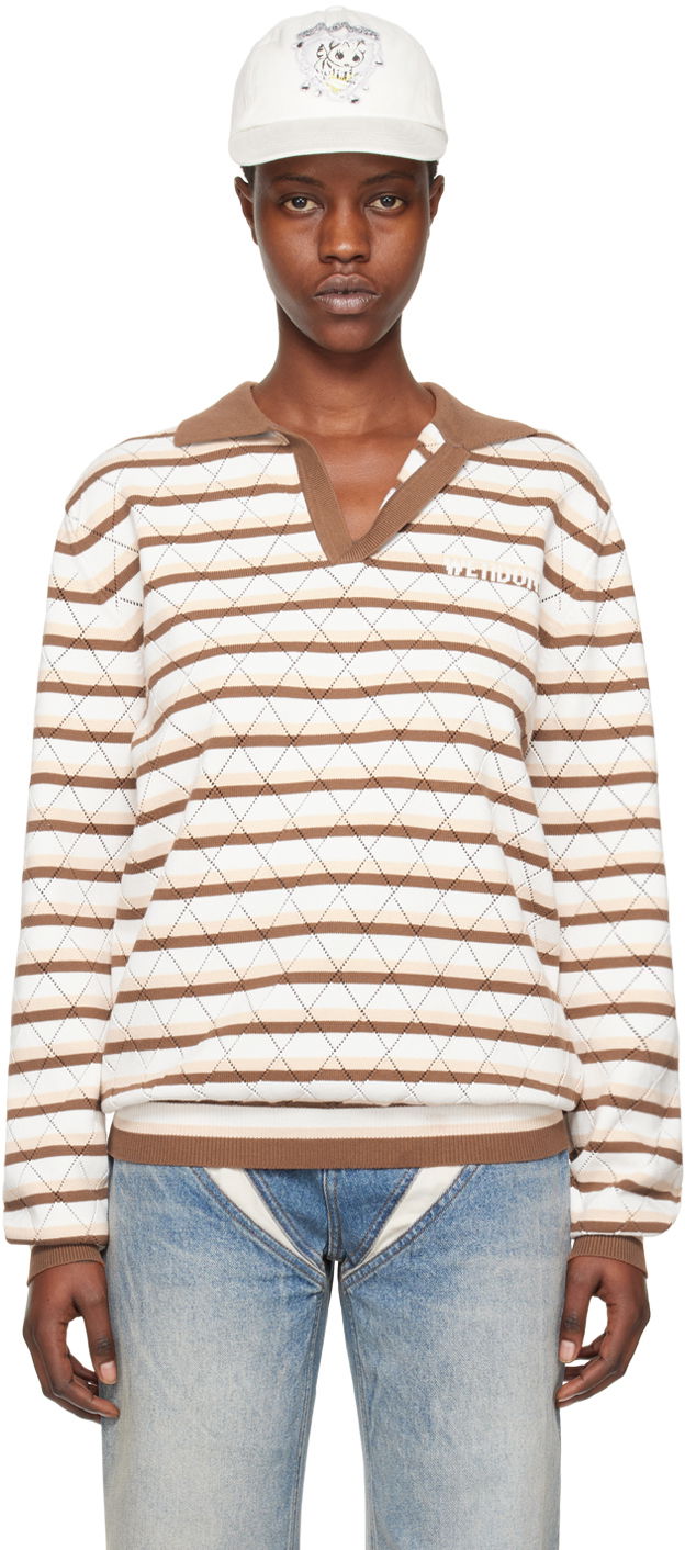 Polo majica We11done Striped Long Sleeve Polo Bež | WD-KT0-24-639-U-BR