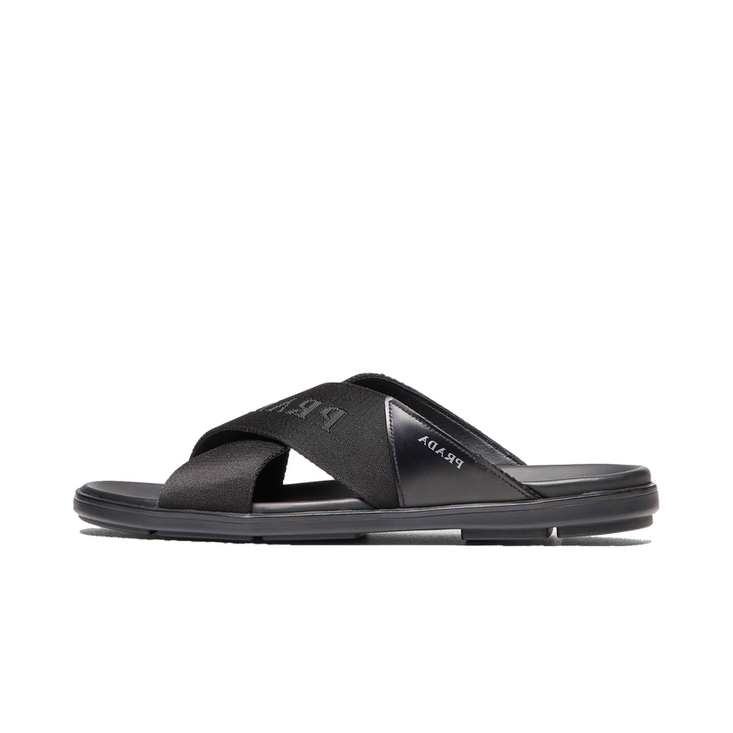 Superge in čevlji Prada Nylon Tape Crisscross Slides Black Leather (Men's) Črna | 2X3032_3L74_F0002