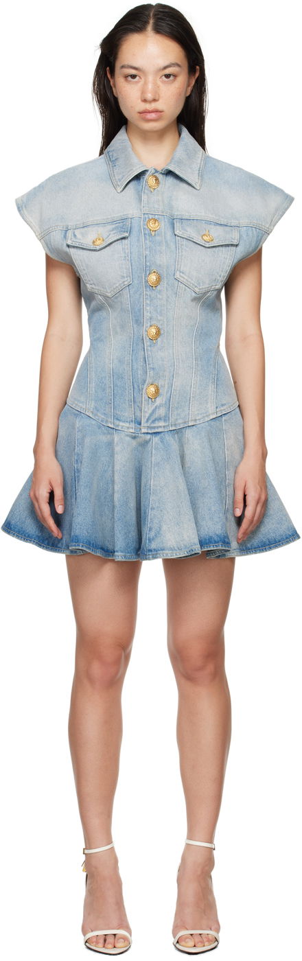 Obleke Balmain Flared Denim Minidress Modra | DF0R7365DF17, 0